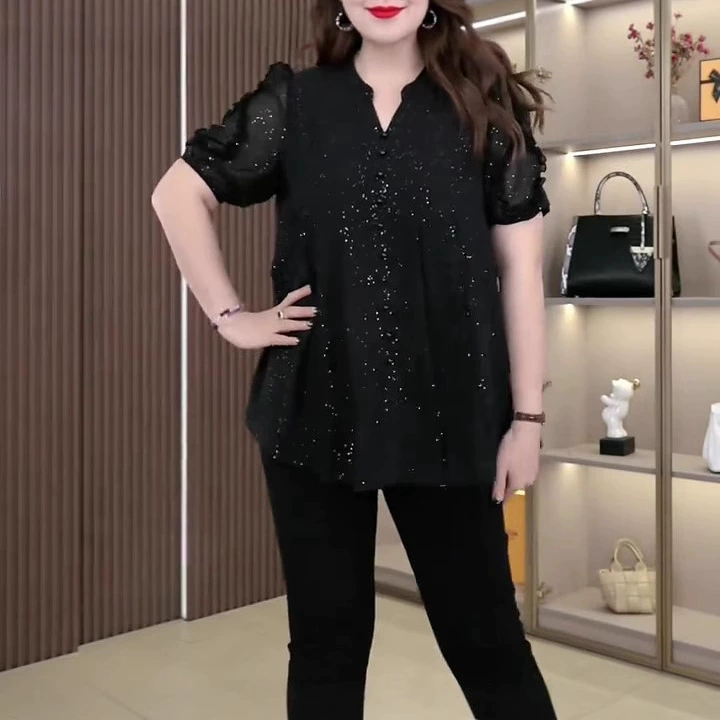 Летняя новинка 2025: модная легкая роскошная сетчатая кружевная повседневная свободная рубашка больших размеров, универсальный элегантный топ для женщин