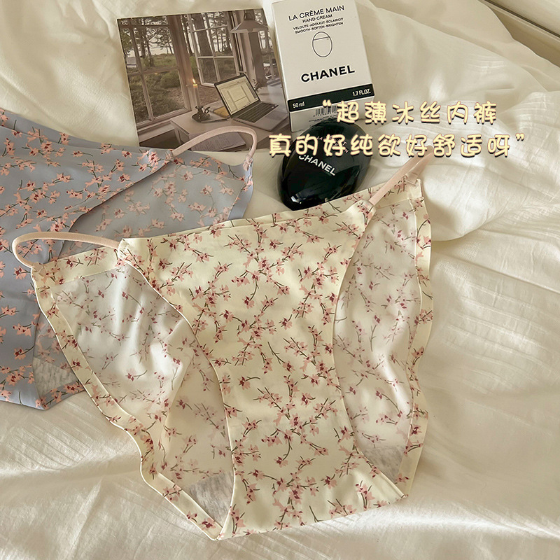 Japanese style ice silk underwear women's low waist sexy leopard print floral high slit long leg breathable seamless girl briefs