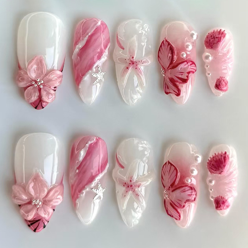 30 Pieces of Almond-Shaped French-Style Gradient Multi-Color Nail Art Stickers with Exquisite Carving, High-End, and Skin-Brightening Effect, Wholesale