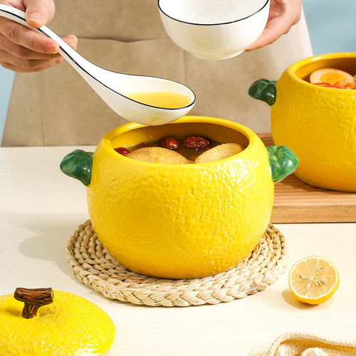 Lemon new ceramic soup bowl with lid, large capacity soup pot, household large-sized double-handled soup pot, noodle bowl, screw noodles bowl