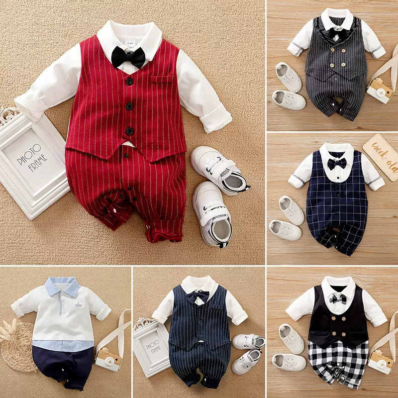 男宝宝过年衣服婴儿连体衣红色新生儿爬服帅气秋季哈衣绅士跨境