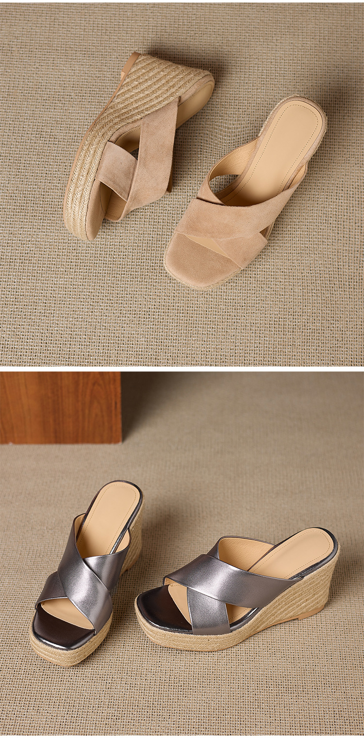 Dép sandal nữ quai chéo đế xuồng bện cói gót cao 5 cm — Da lộn màu hạnh nhân, Da bò thượng hạng màu súng chi tiết 13