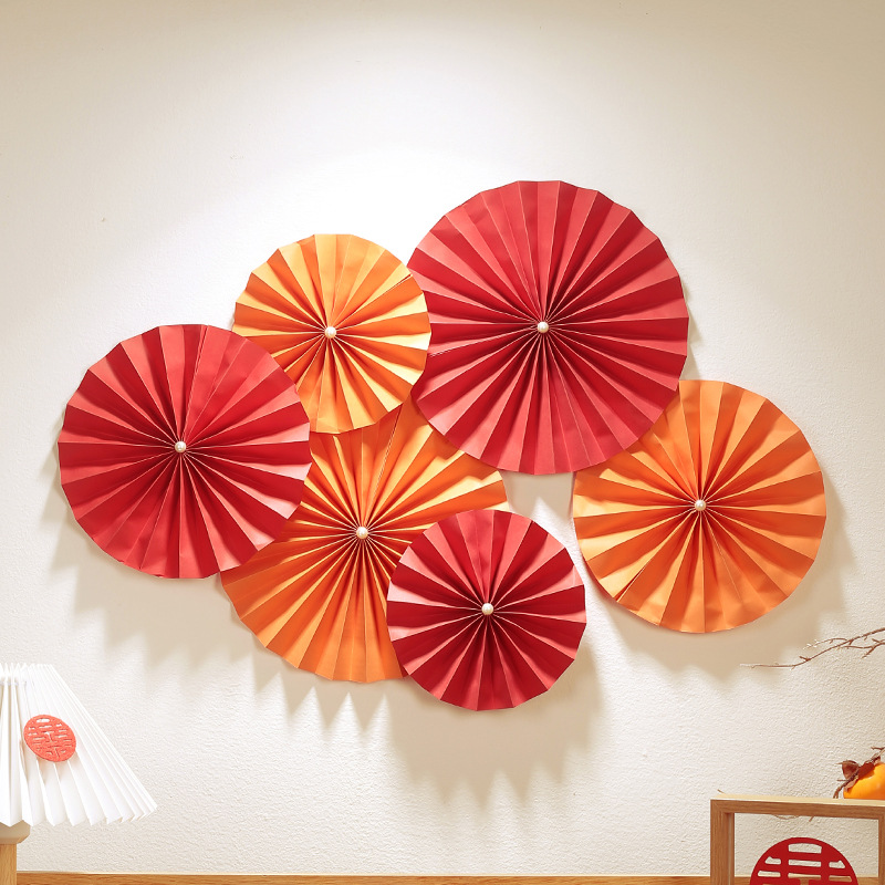 結婚裝飾紙扇花套裝婚房布置紙花喜扇婚慶用品扇花中式紙花扇批發