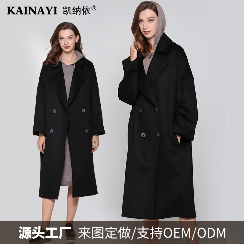 Kainai simple commuter black double-sided wool coat, mid-length, slimming, casual and stylish woolen coat, custom-made