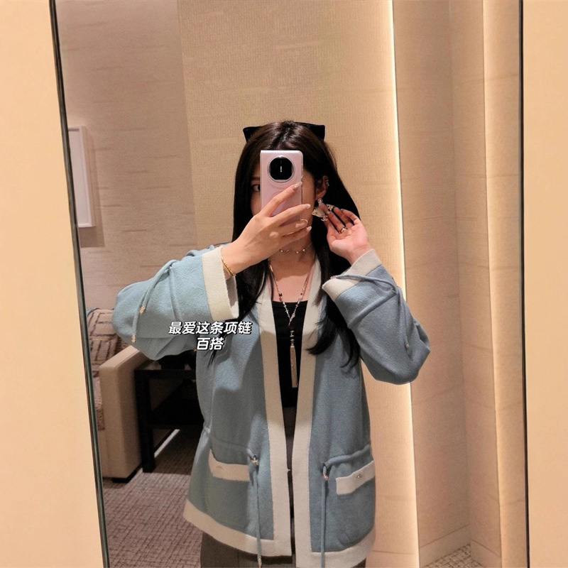 2025夏季新款南油cha时尚气质名媛小香风大V领拼色抽绳针织开衫女|undefined