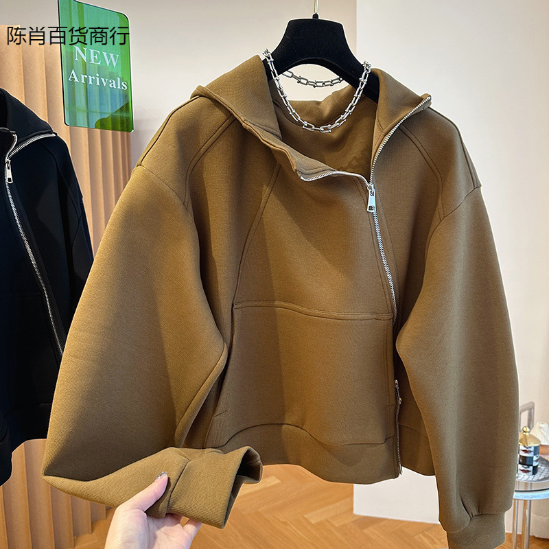 加肥加大码斤斜拉链宽松连帽开衫卫衣外套女春秋廓形字版