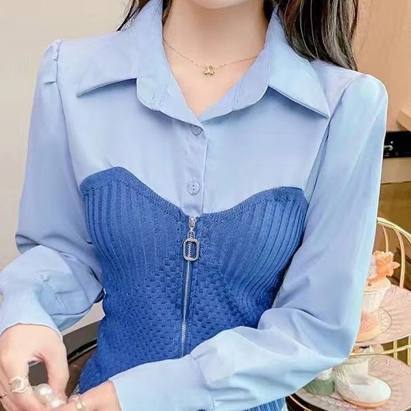 Long sleeve shirt autumn women's 2023 new chic beautiful small shirt French waist-tight fake two-piece Autumn Sweater
