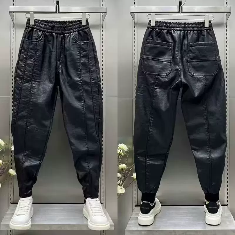 秋冬加绒潮牌男士PU皮裤防水防风青年束脚裤宽松九分休闲小脚长裤