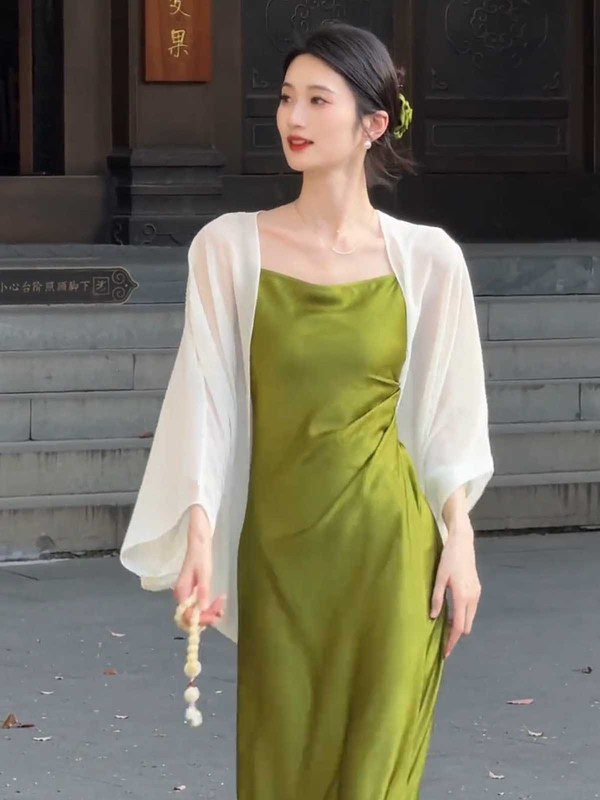 夏用女性用スーパーフェアリーテンセル日焼け止め服、チャイナドレススカート、小さなショール、チュールカーディガンジャケット、通気性のあるブラウス|undefined