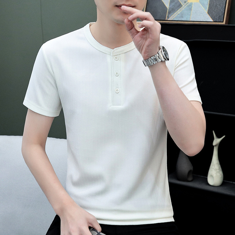 Verano de ropa de hombre de manga corta nueva tendencia de color sólido, camiseta de polo casual de cuello redondo para hombre