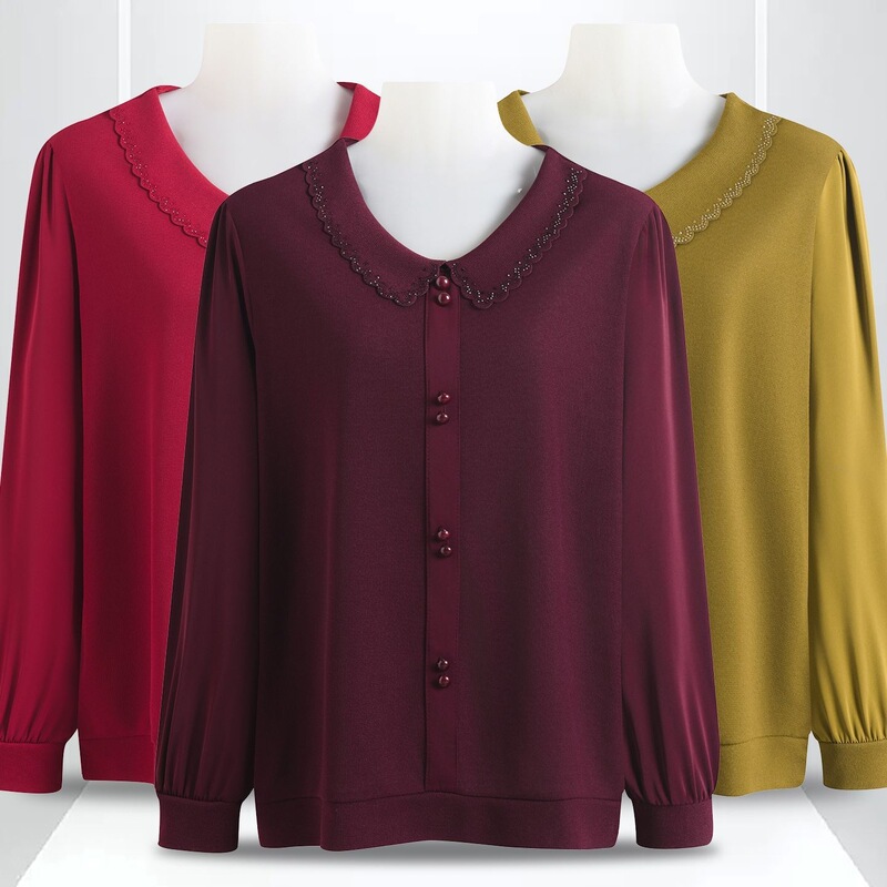 New Style Spring and Autumn Collared Solid Color Fashionable Middle-Aged Women's Knit Short Base Shirt for Outerwear New Style Spring and Autumn Collared Solid Color Fashionable Middle-Aged Women's Knit Short Base Shirt for Outerwear