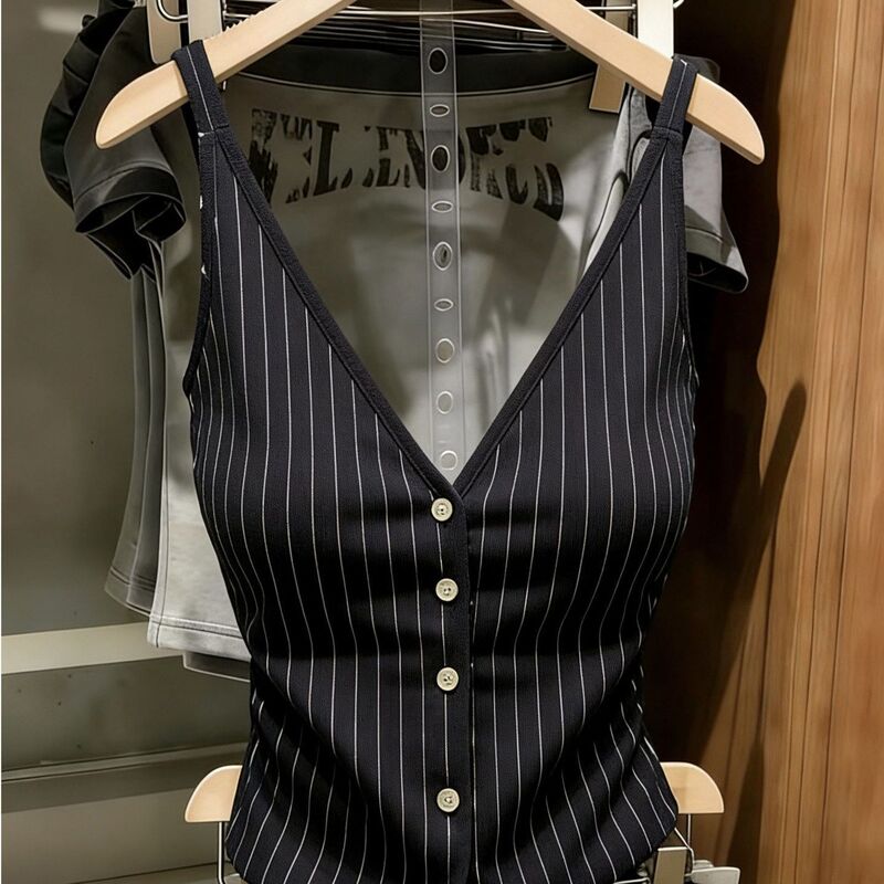 High-End Black Striped Single-Breasted V-Neck Camisole for Women, New Spring/Summer Style, Unique Design, Slim-Fit Top High-End Black Striped Single-Breasted V-Neck Camisole for Women, New Spring/Summer Style, Unique Design, Slim-Fit Top
