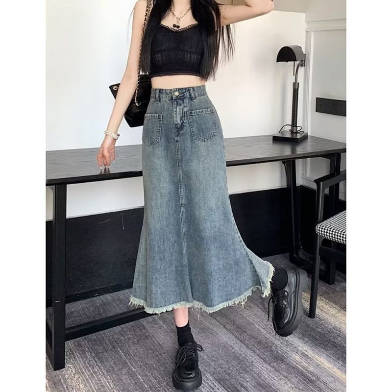 高腰百褶牛仔裙女2025新款夏季弹力小个子a字鱼尾七分裙