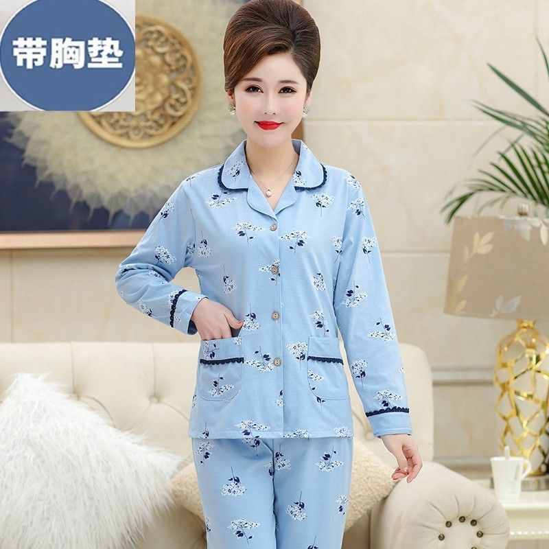 Women's Pajamas with Breast Pads, No Bra, Anti-Bulge, 100% Cotton, Spring and Autum Long-Sleeved Pants, Home Clothes, Mother's Suit