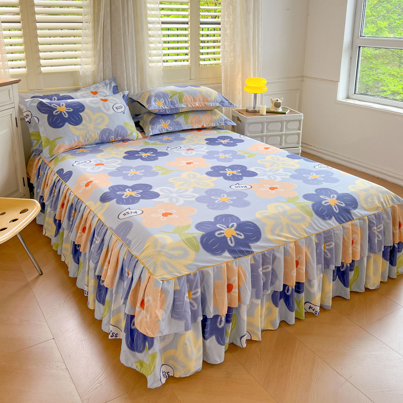 Falda de cama coreana Falda de cama de algodón de imitación agradable para la piel Funda de cama individual para dos piezas de tres piezas Funda de cama de encaje de doble capa de tres piezas image 20