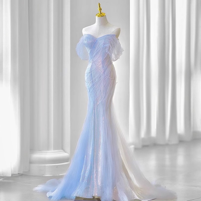 One-Shoulder Sequin Evening Dress 2025 New Accessible Luxury Adult Ceremony Classy Niche Fishtail Bridal Toast Dress Banquet