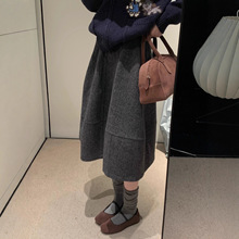 强烈推荐！复古毛呢A版半身裙女秋冬新款韩系极简压褶显瘦中长裙