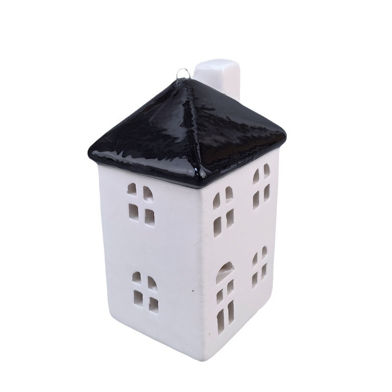 Colgante de casa de cerámica navideña cuidadosamente seleccionado LED luminoso hueco con chimenea decoración de candelabro decoración navideña