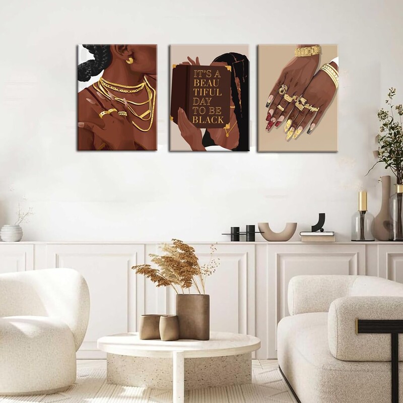 Black Woman Wall Art with Frame Black Girl Decor Poster Canvas Prints Fashion Woman Painting