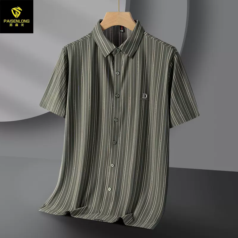 润恩堡罗冰丝锦氨无痕免烫竖条纹男士衬衫 轻商务中年男衬衫开衫