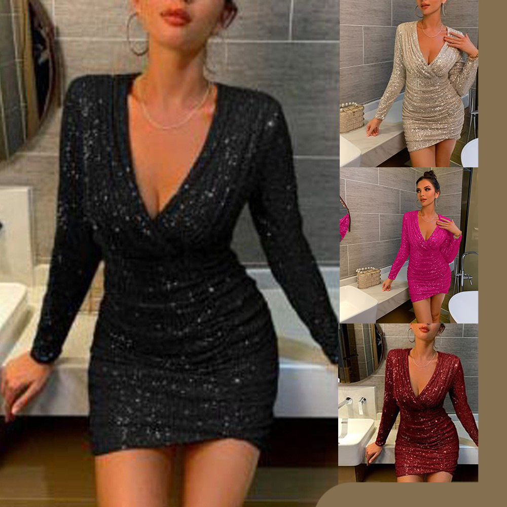 Nuevo estilo transfronterizo venta caliente Amazon ropa de mujer europea y americana sexy con cuello en v falda de cadera vestido de lentejuelas de moda