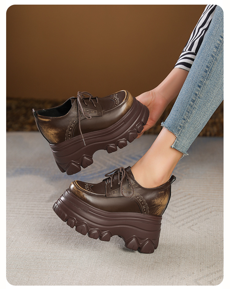 Giày sneaker nữ đế dày phong cách Anh quốc cổ điển, dây buộc, gót 12 cm — màu nâu chi tiết 9