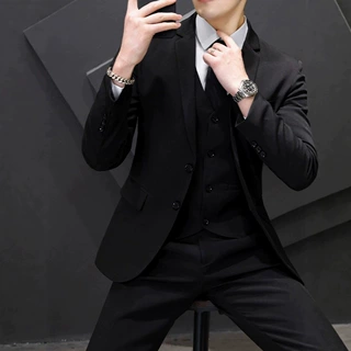 男士黑色修身正装三件套双粒扣西服马甲西裤商务聚会伴郎职业套装