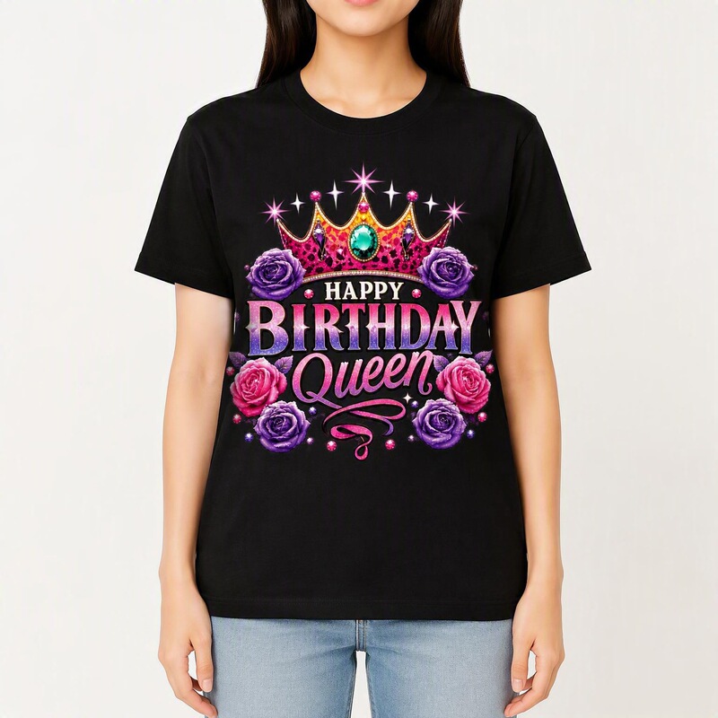 Black pure cotton printed T-shirt, loose fit, women's, with birthday queen pattern