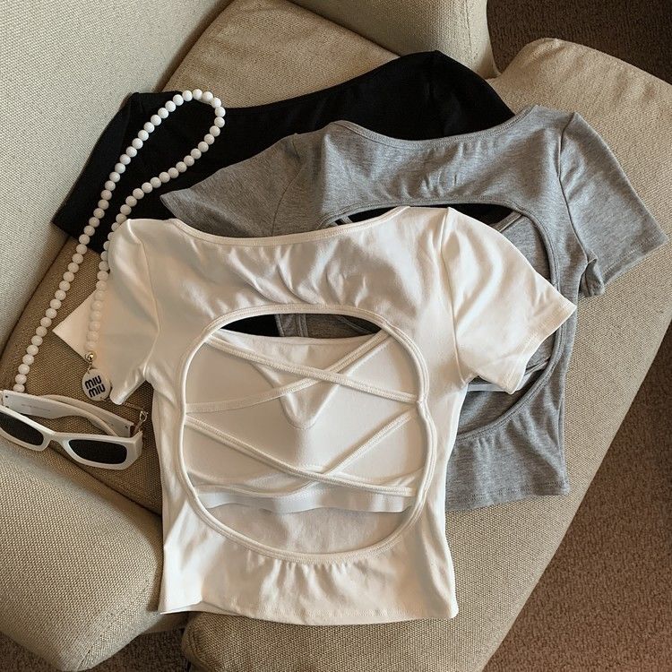 아메리칸 스타일 할로우 크로스 백리스 반팔 티셔츠 여성용 여름 스파이스 걸 스퀘어 칼라, 가슴 패드베이스 셔츠 쇼트 탑