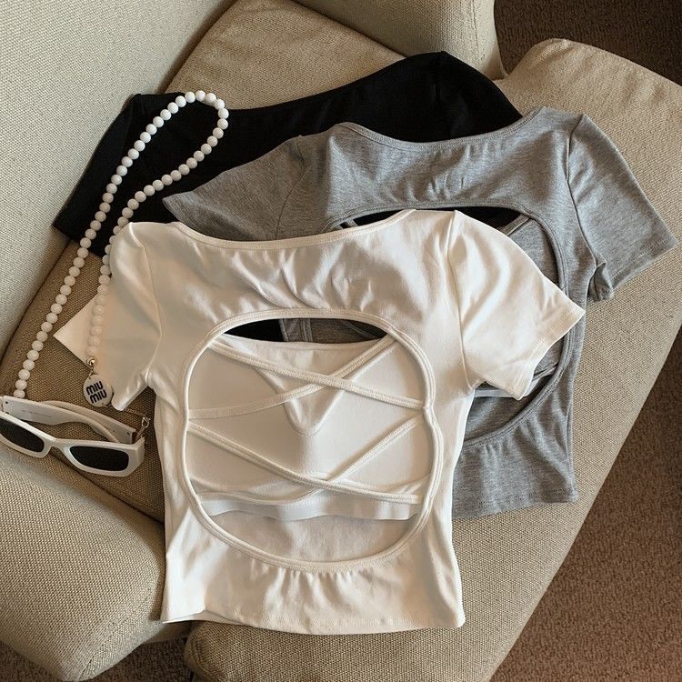 American Style Hollow Cross Backless Short-sleeved T-shirt Women's Summer Spice Girl Square Collar with Chest Pad Base Shirt Short Top