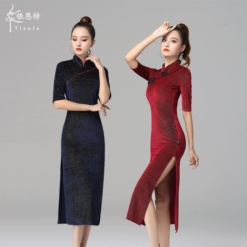 Платье Чонсам для латинских танцев Женская Высококачественная танцевальная одежда с высоким разрезом профессиональная танцевальная одежда Румба Танец Классическая танцевальная одежда для выступлений