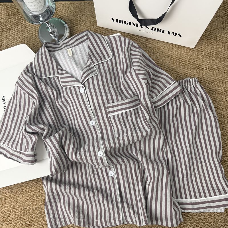 Coreano simple color contraste rayas pijama mujer 2026 nuevo verano relajado pantalones cortos de mangas cortas ropa para el hogar dos piezas conjunto