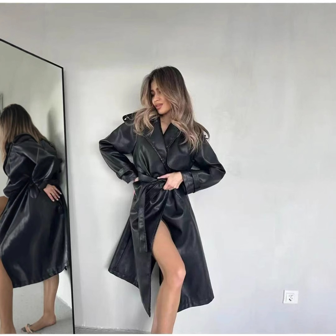 Cross-Border Black Leather Windbreaker Women's Long 2025 New Outwear British Style Amazon Motorcycle Jacket Outwear Trendy