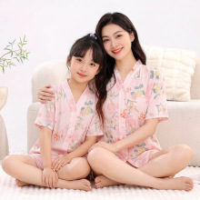 天丝莱赛尔睡衣夏季短袖短裤亲子家居服两件套一家四口棉绸空调服