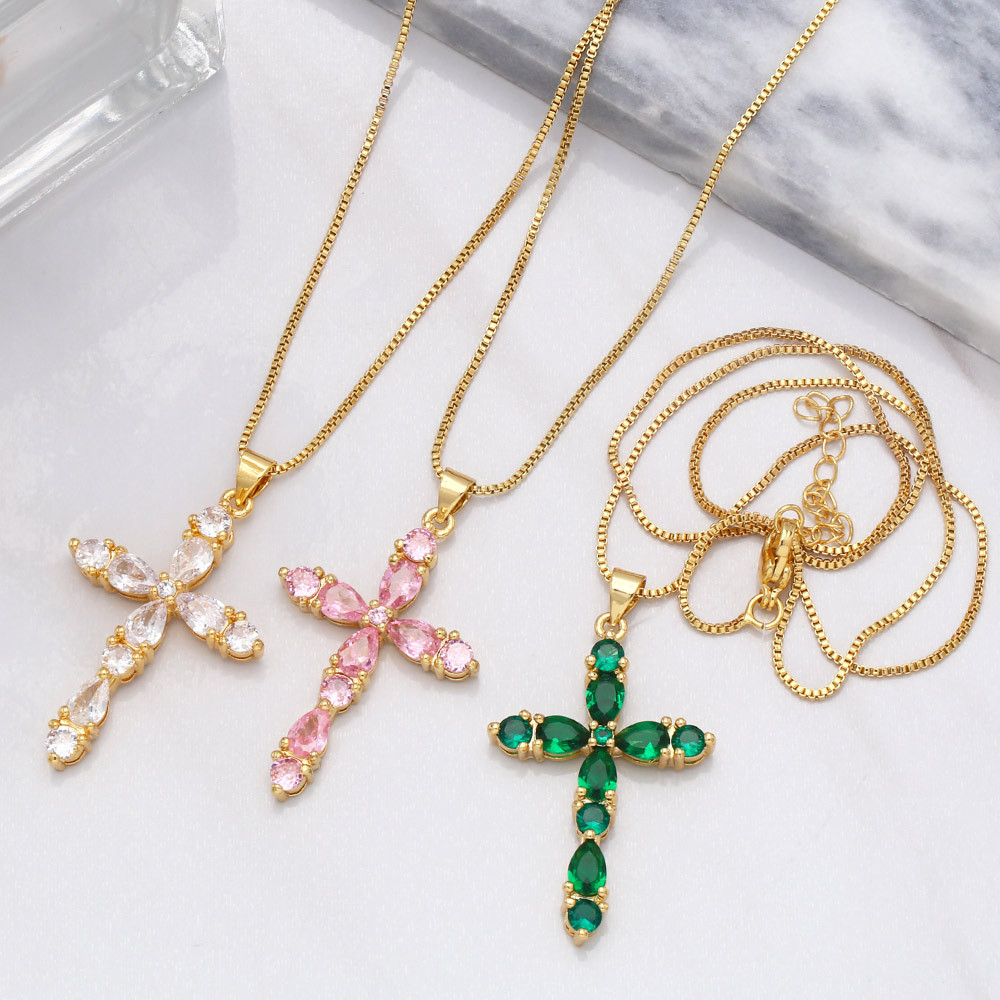 Fashion Colorful Zircon Cross Hip Hop Diamond Copper Necklace