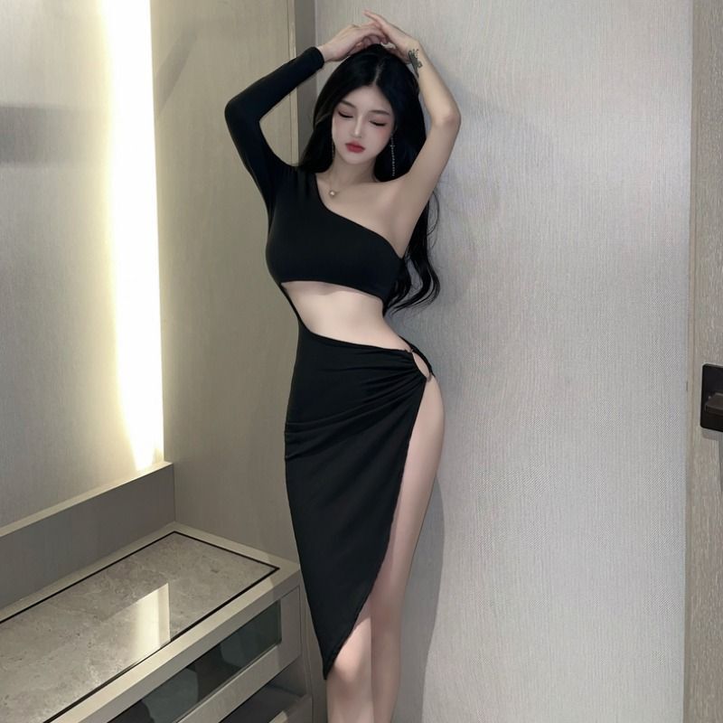 Spring and Autumn sexy hot girl fashion dress high slit open leg slimming hollow waist irregular mid-length dress