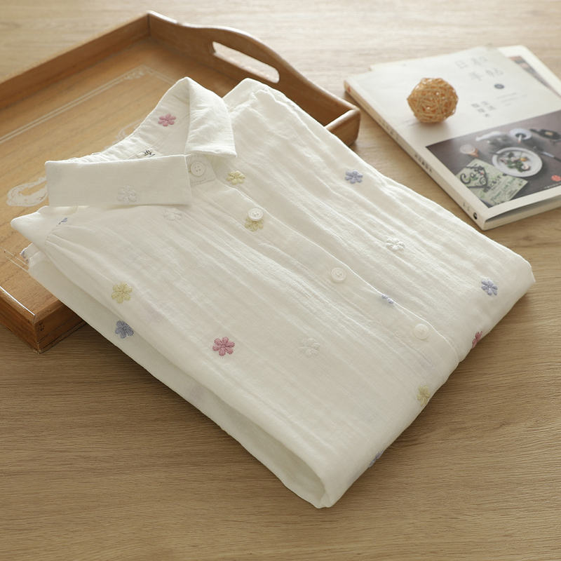 2025 Spring New Double-Layer Cotton Gauze Long-Sleeved Shirt for Women Loose and Versatile Artistic Embroidered Flower Soft Shirt 2025 Spring New Double-Layer Cotton Gauze Long-Sleeved Shirt for Women Loose and Versatile Artistic Embroidered Flower Soft Shirt