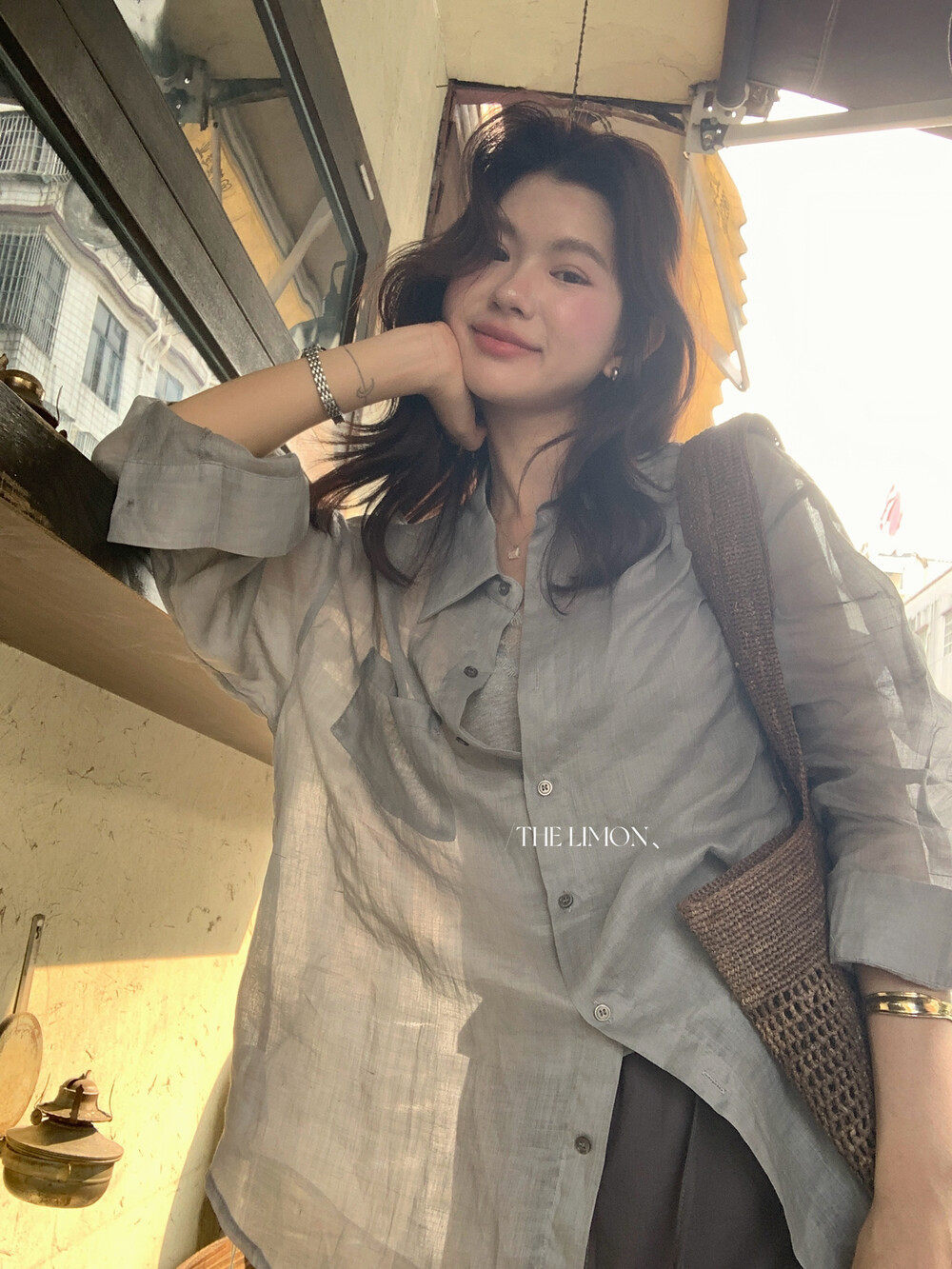 Áo sơ mi nữ linen tay dài cổ bẻ phong cách thư giãn — Xanh đen, xanh lam, Màu cà phê, màu hồng chi tiết 4