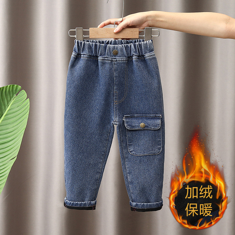 Pantalones vaqueros para niños forrados de lana otoño e invierno cálido bebé ropa de invierno para niños estilo occidental estilo coreano pantalones de terciopelo de una sola pieza de invierno para niños image 7