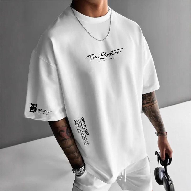 Cross-border New Trendy Brand Men's Round Neck Loose Casual Letter Short-sleeved T-shirt Top European Size