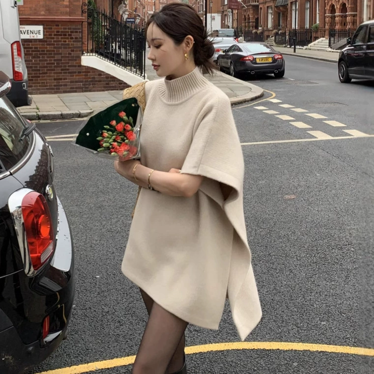 2024 зимний новый французский темперамент повседневная вуаль утолщенный свитер с высоким воротником плащ свободная куртка