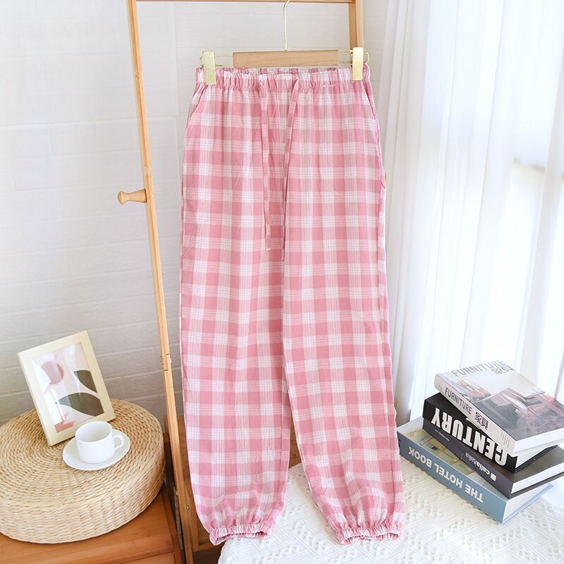 Cotton Gauze Sleep Pants for Men and Women, Couple Style, Japanese Plaid, Spring and Autumn Washed Cotton Gauze Home Pants, Summer Pants with Cuffs Cotton Gauze Sleep Pants for Men and Women, Couple Style, Japanese Plaid, Spring and Autumn Washed Cotton Gauze Home Pants, Summer Pants with Cuffs