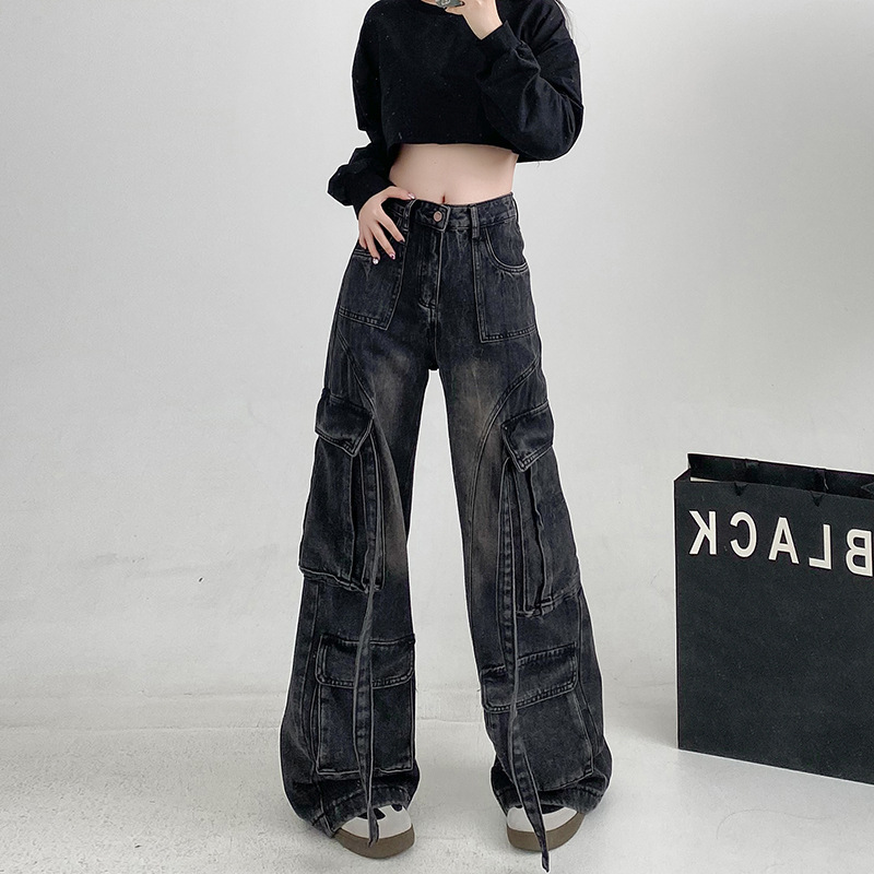 기모 두꺼운 거리 뜨거운 소녀 청바지 여성의 가을과 겨울 2024 새로운 느슨한 스트레이트 플로어 트렌디 한 작업복