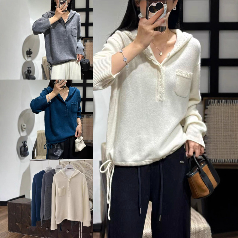 2025 Early Autumn New Fashion Hooded Lace Loose Slimming Casual Solid Color Knitwear