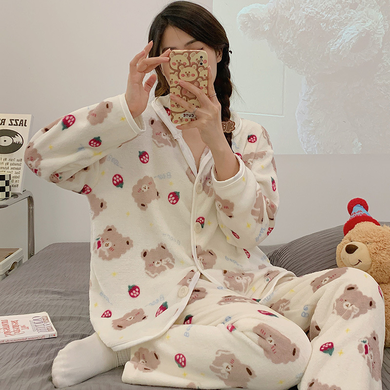 Pijamas de franela al por mayor transfronterizos de otoño y invierno para mujeres nuevas camisetas de calentamiento gruesas se pueden usar con ropa de hogar de dos piezas