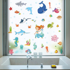 Amazon bathroom and shower tile decoration cartoon kindergarten aquarium glass sticker no glue static sticker