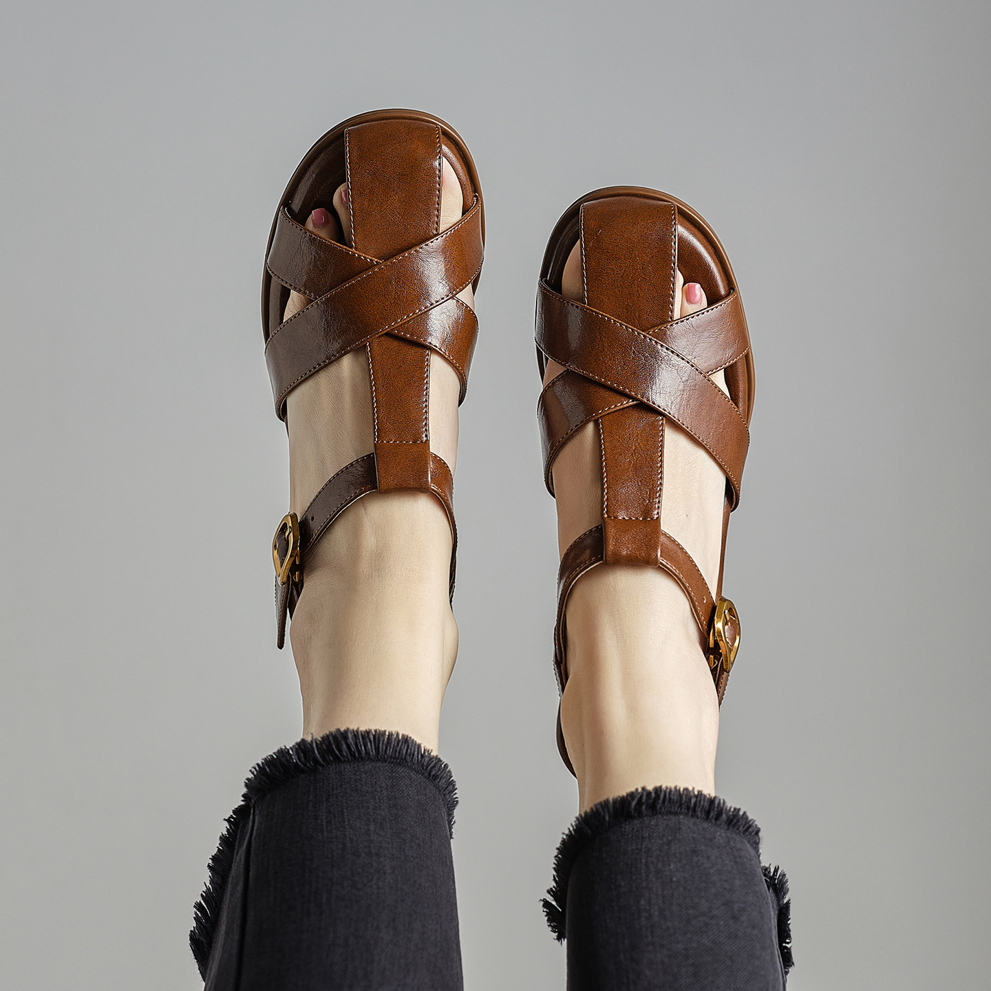 Sandal nữ cao gót quai T dệt kiểu La Mã cổ điển — màu nâu chi tiết 12