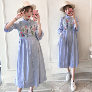2024 New Striped Embroidered Large Size Dress Korean Style Maternity Dress Summer Mid-Length Style Breastfeeding Trendy Mom