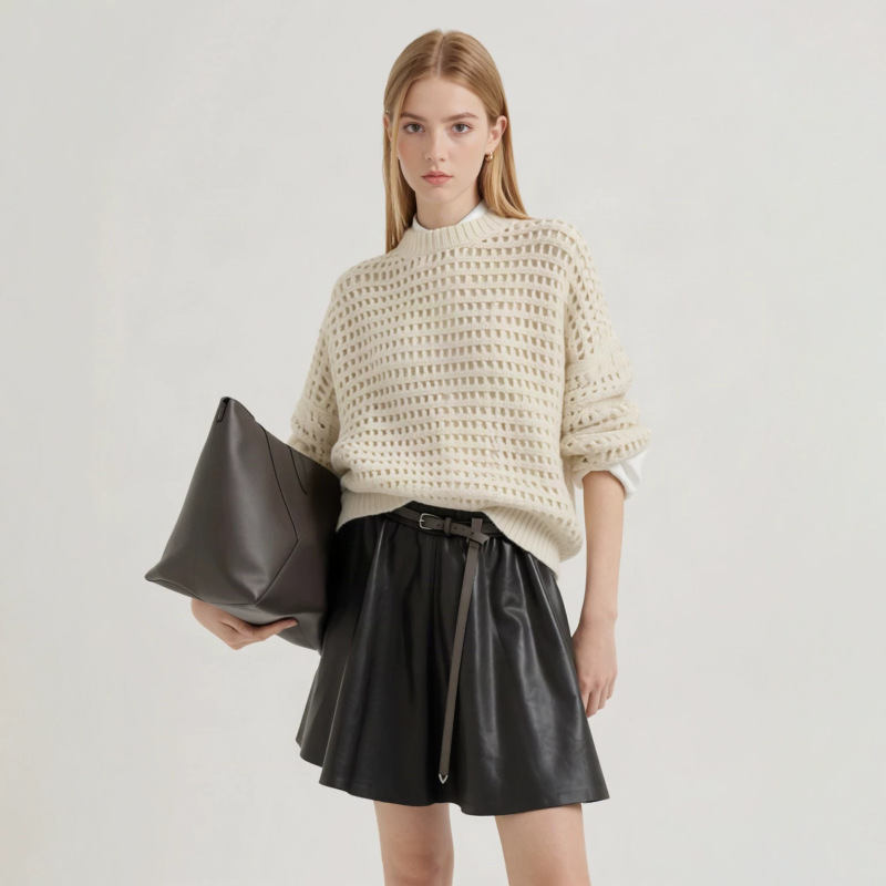 B~C light luxury sheer knit sweater for women, cashmere, lamb wool, and mohair blend, drop-shoulder, open-knit top