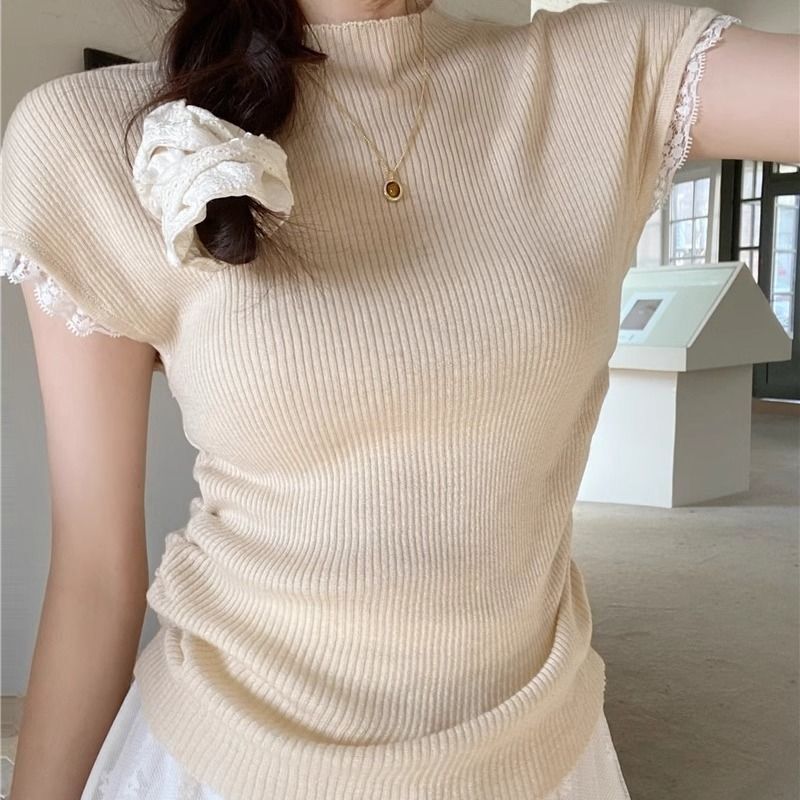 Hot Girl Spliced Right Shoulder Short-Sleeved T-Shirt Summer Thin Design New Pleated Lace Knitted Slim Short Top Hot Girl Spliced Right Shoulder Short-Sleeved T-Shirt Summer Thin Design New Pleated Lace Knitted Slim Short Top